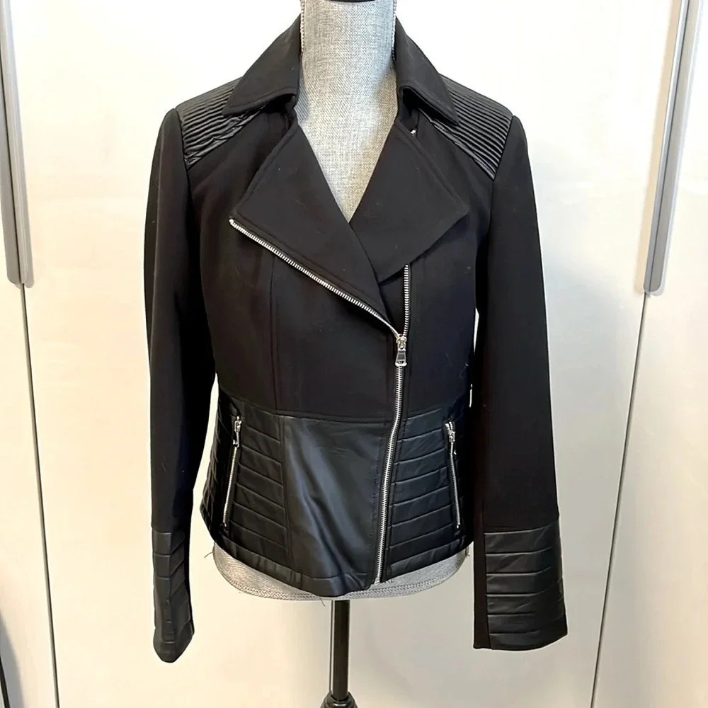 BEDO NWOT Black Moto Jacket Stretch Faux Leather Lined, Size M